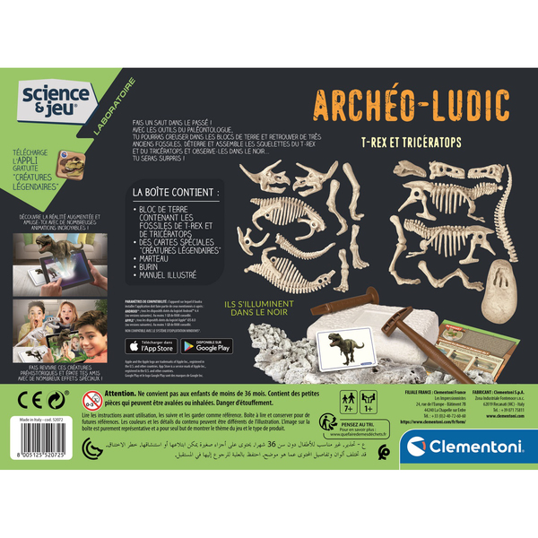 Clementoni - Kit Archéo Ludic T-Rex Et Tricératops | Squelettes Phosphorescents à Excaver | Jeu Scientifique 7 Ans