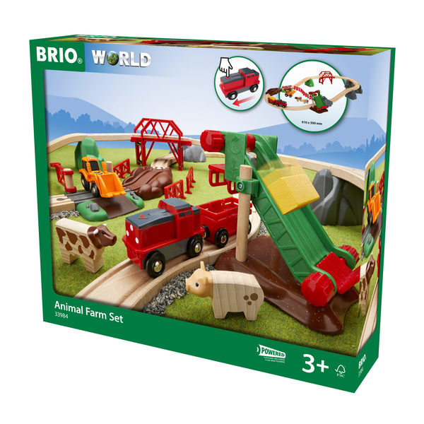 Circuit Train Bois BRIO World Ferme 33984 - 30 Pièces, Locomotive à Pile, Pont, Animaux