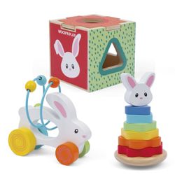 Coffret naissance jouets en bois - pyramide cube et lapin